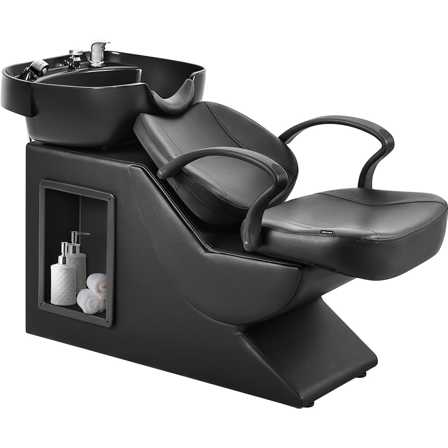 Black hair salon backwash unit with sink and shampoo bottles on a white background