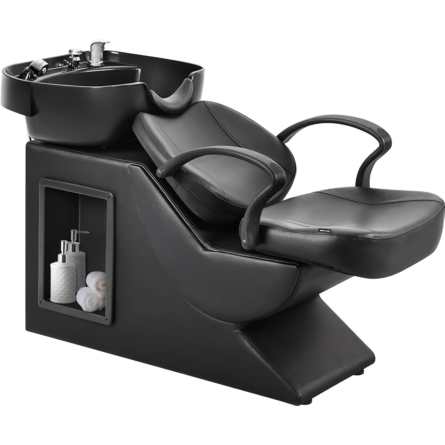 Black hair salon backwash unit with sink and shampoo bottles on a white background