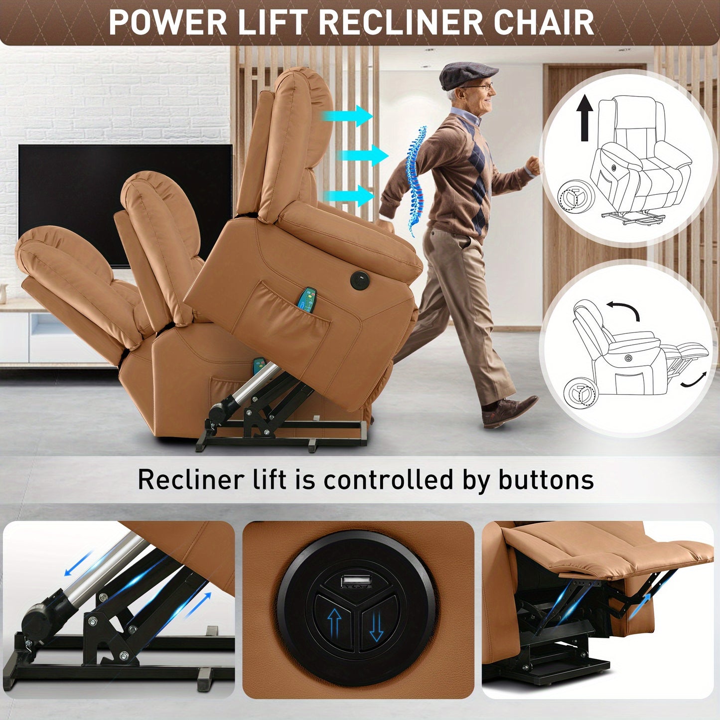 Brown power lift recliner chair with control panel, man demonstrating use, and diagram of recliner functions.