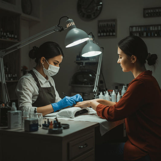A manicurist doing a customer's finger nails on a manicure table