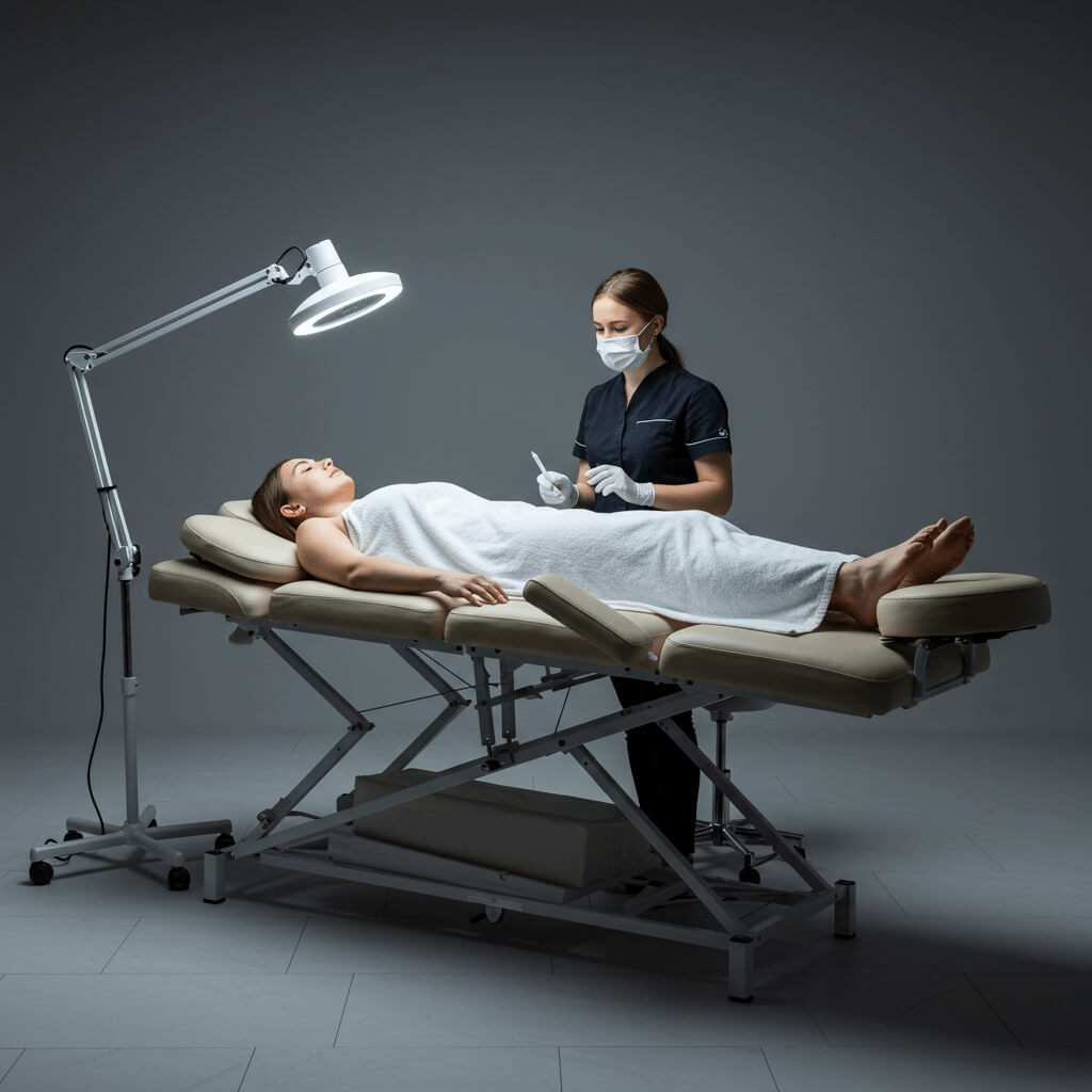 A female nurse attending to a patient lying down on a massage bed.
