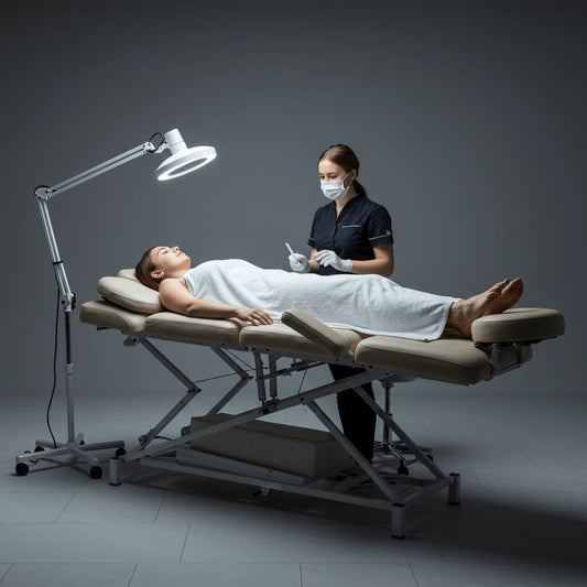 A female nurse attending to a patient lying down on a massage bed.