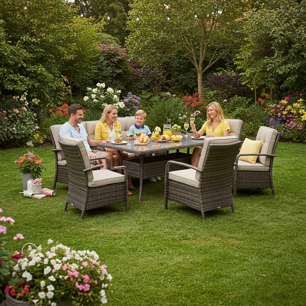 A family dining on a 7 piece patio furniture set sold by workzen interiors