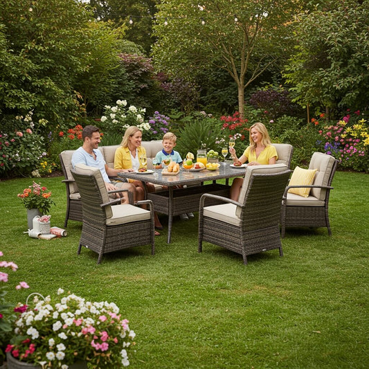 A family dining on a 7 piece patio furniture set sold by workzen interiors