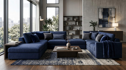 A blue modular sofa in a living room