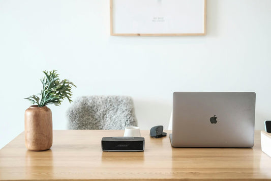 An office desk with a flower pot, time and a laptop on it