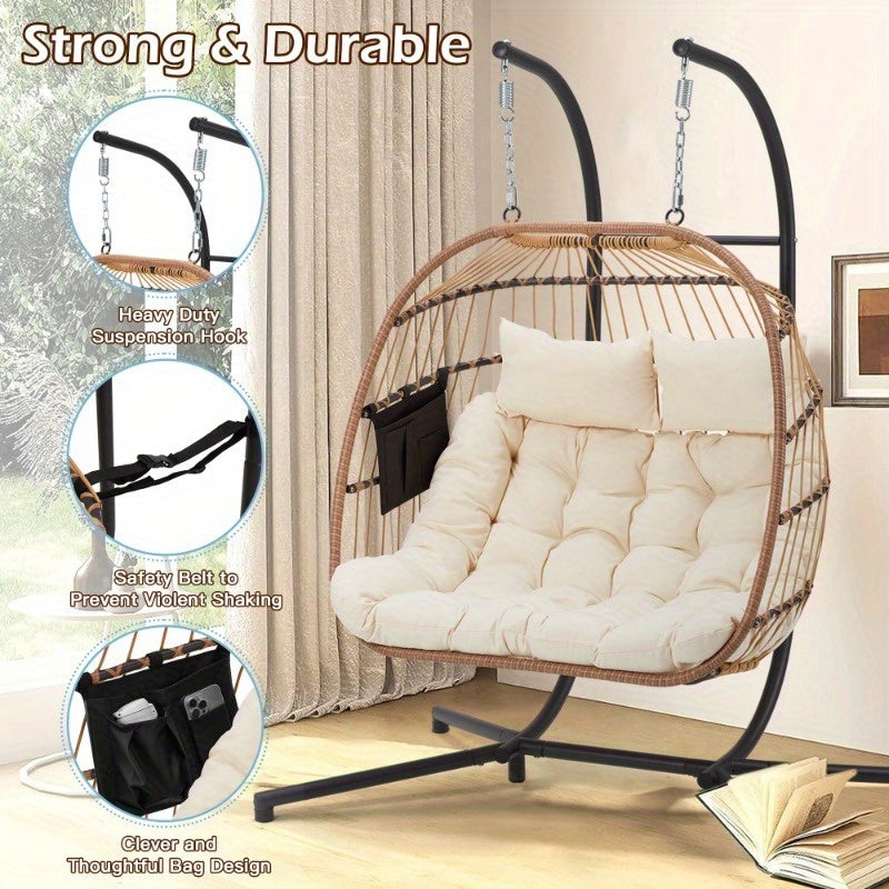 Hanging egg chair with cushions in a room setting, highlighting its strong and durable features.