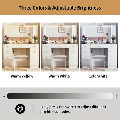 Three different lighting modes on a vanity setup with adjustable brightness control.