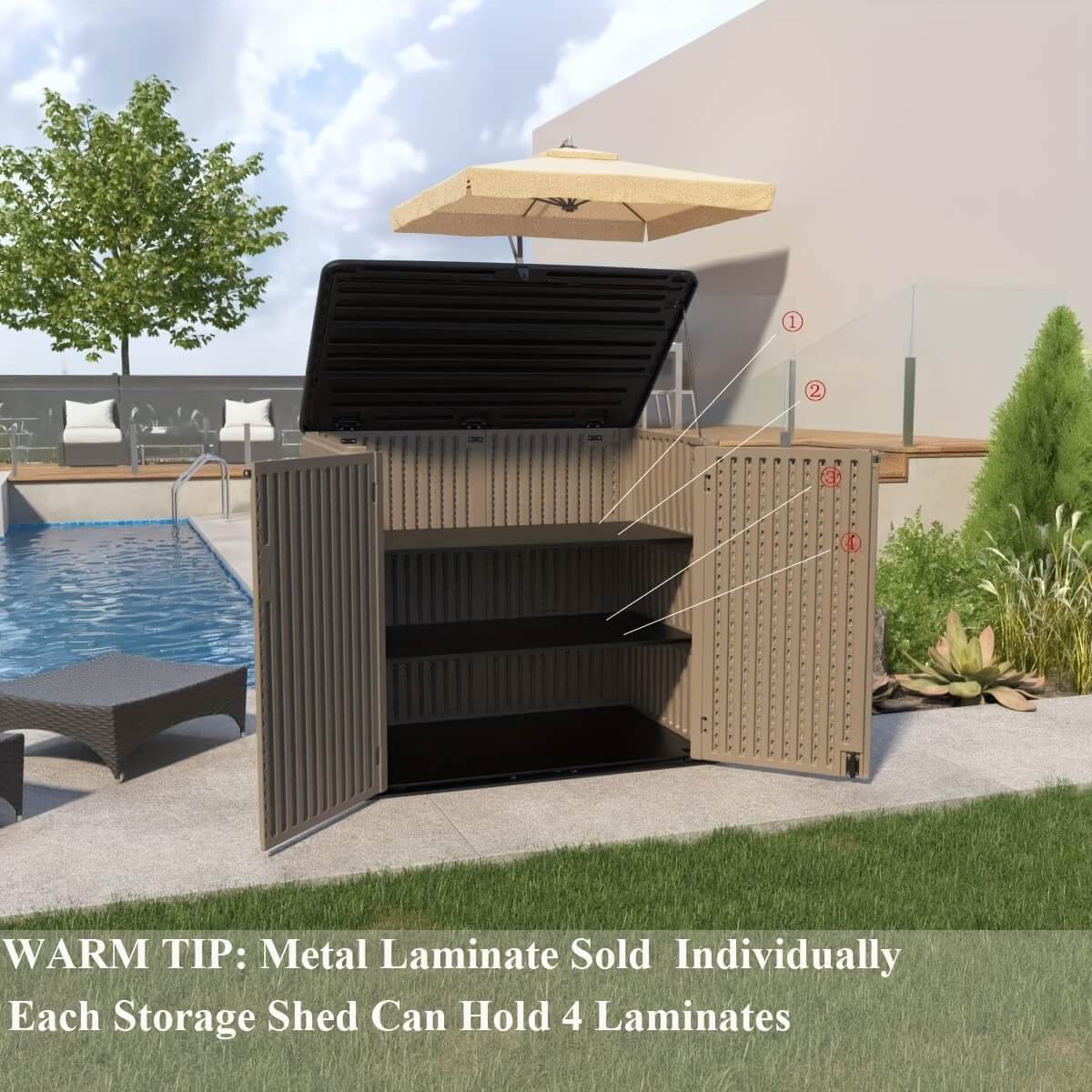 Resin outdoor storage shed beside a swimming pool.
