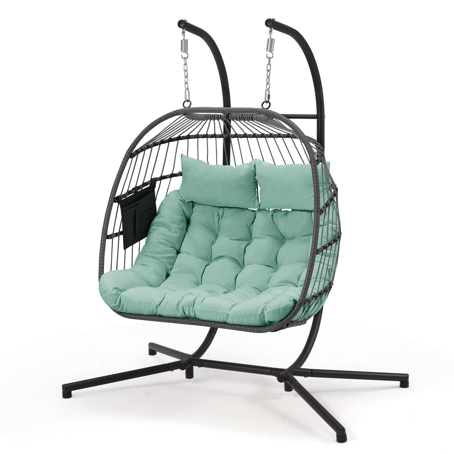 Hanging egg chair with teal cushions on a white background