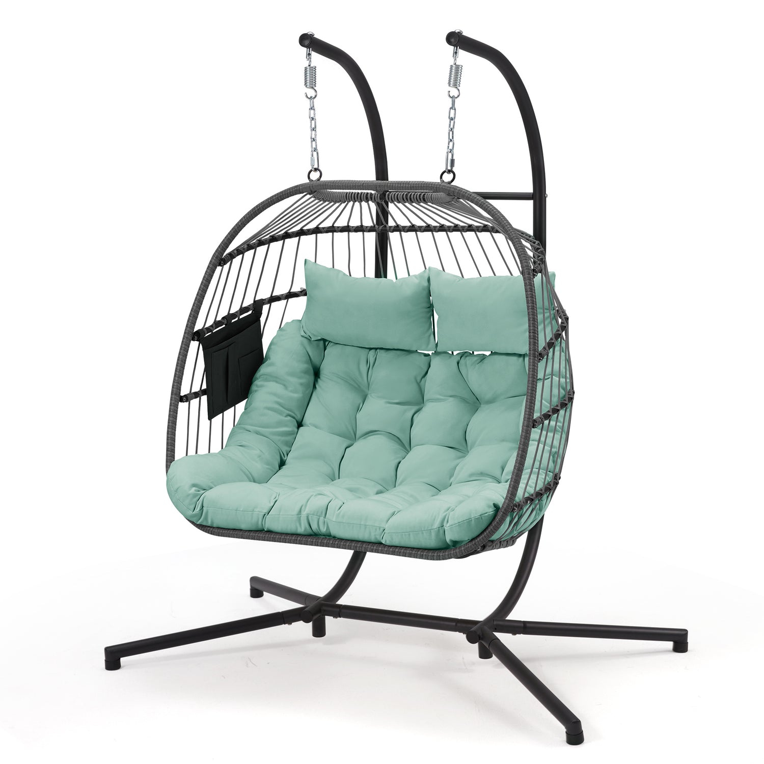 Hanging egg chair with stand and teal cushions on a white background