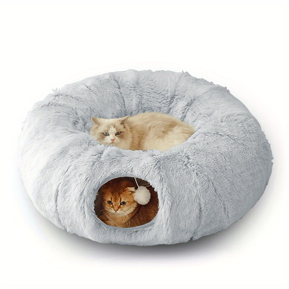 Two cats inside a fluffy gray donut-shaped pet bed on a white background