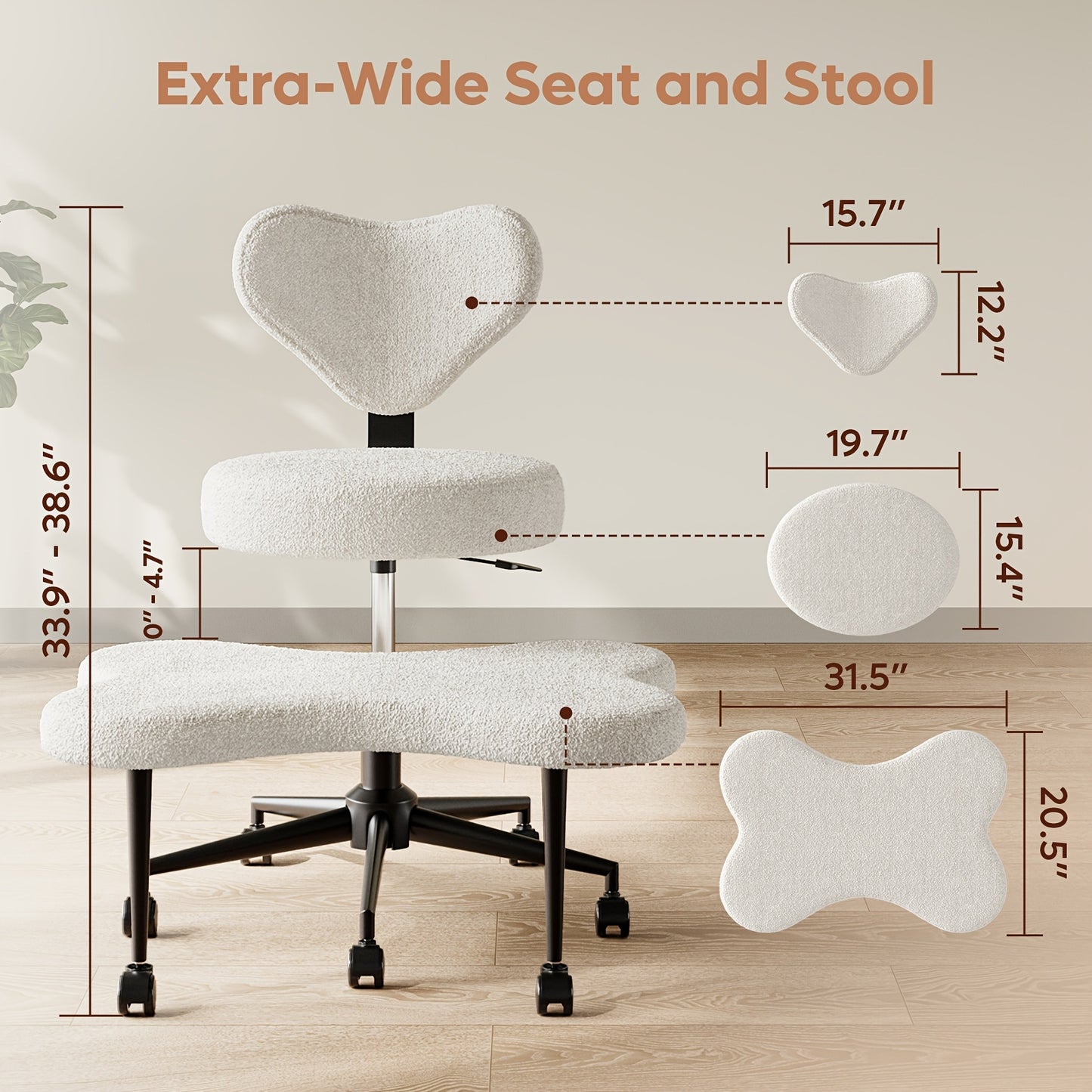 White office chair with dimensions labeled on a light wood floor.