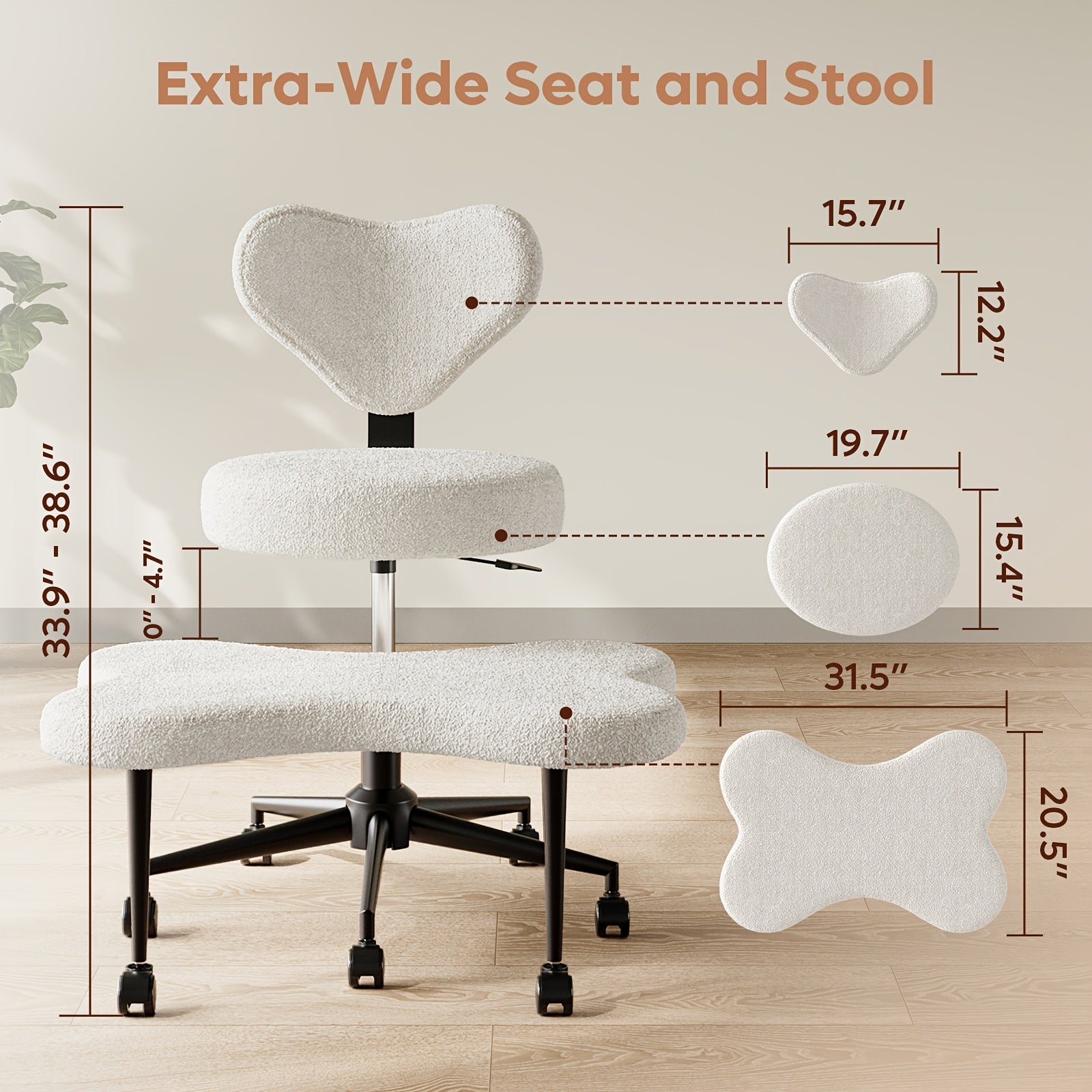 White office chair with dimensions labeled on a light wood floor.