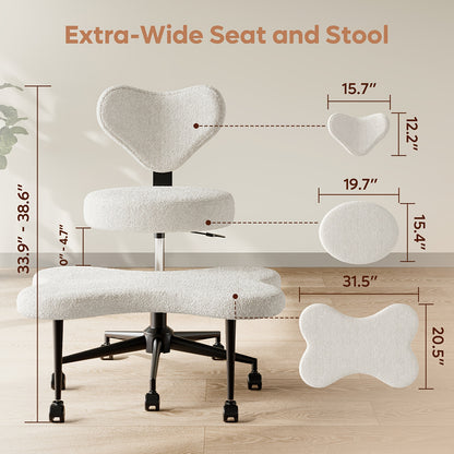 White office chair with dimensions labeled on a light wood floor.