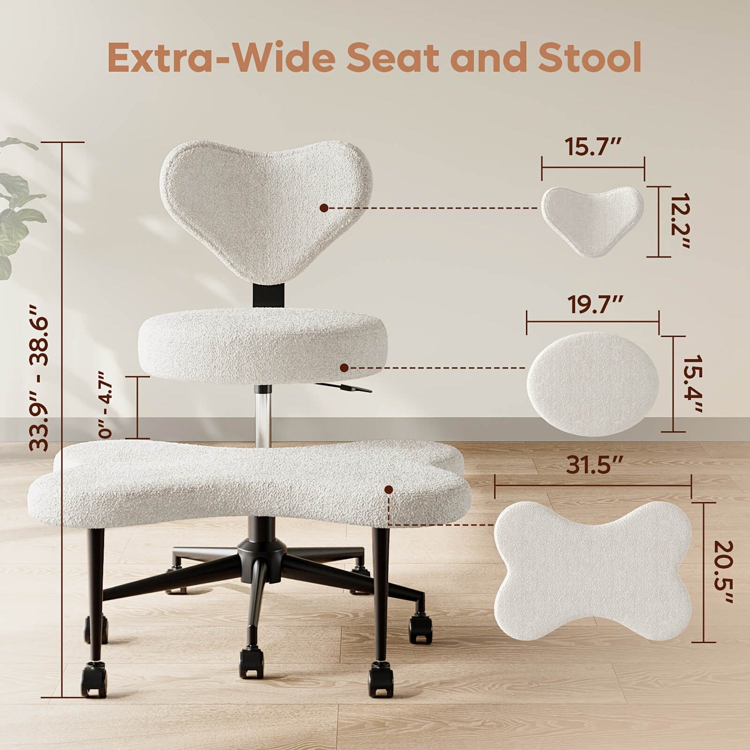 White office chair with measurements on a wooden floor