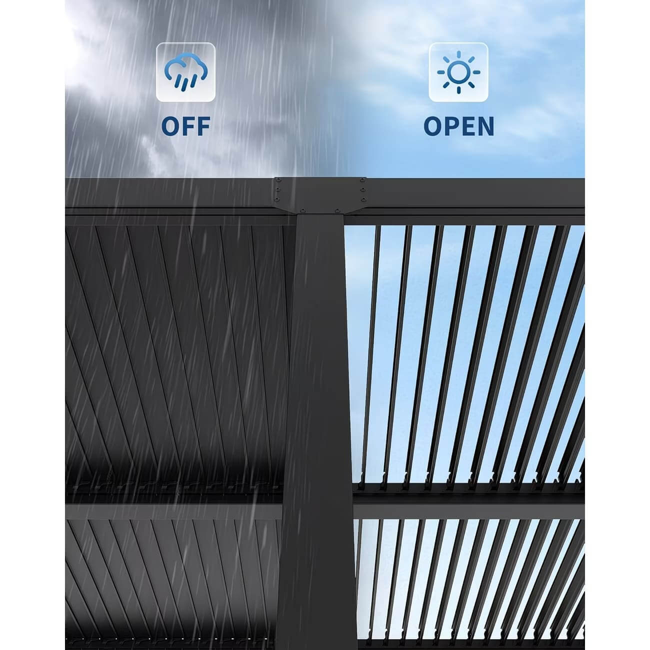 The adjustable louvered roof of a modern pergola