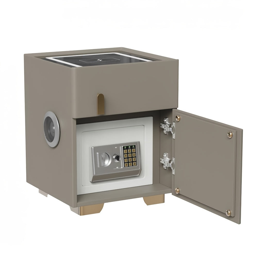 Open modern nightstand with safe with digital lock on a white background
