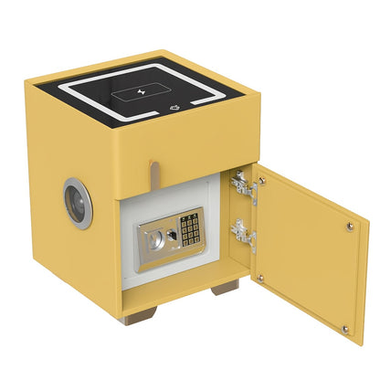 Yellow modern nightstand with safe with open door on a white background