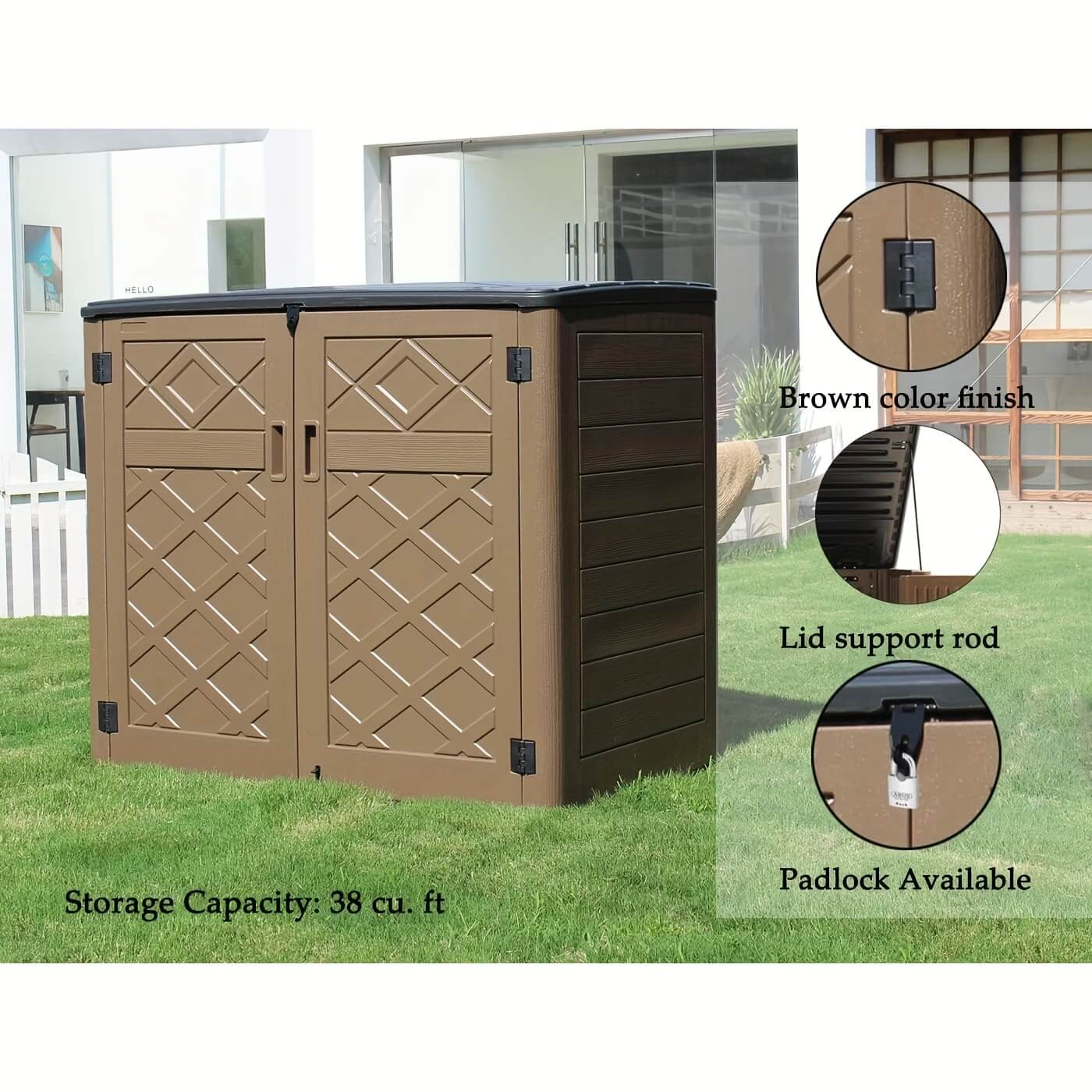 Resin outdoor storage shed with features highlighted on a grassy area