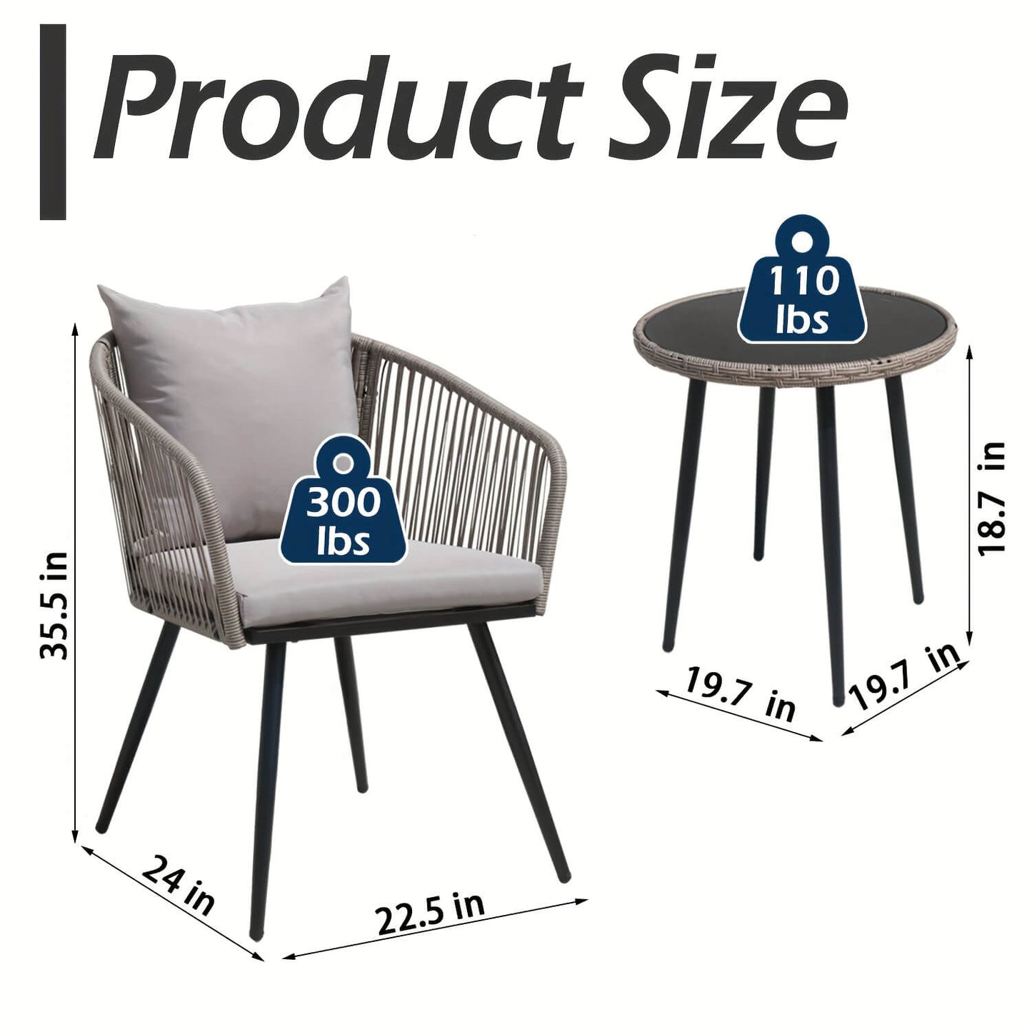 Dimensions of a chair and table with weight capacity labels.