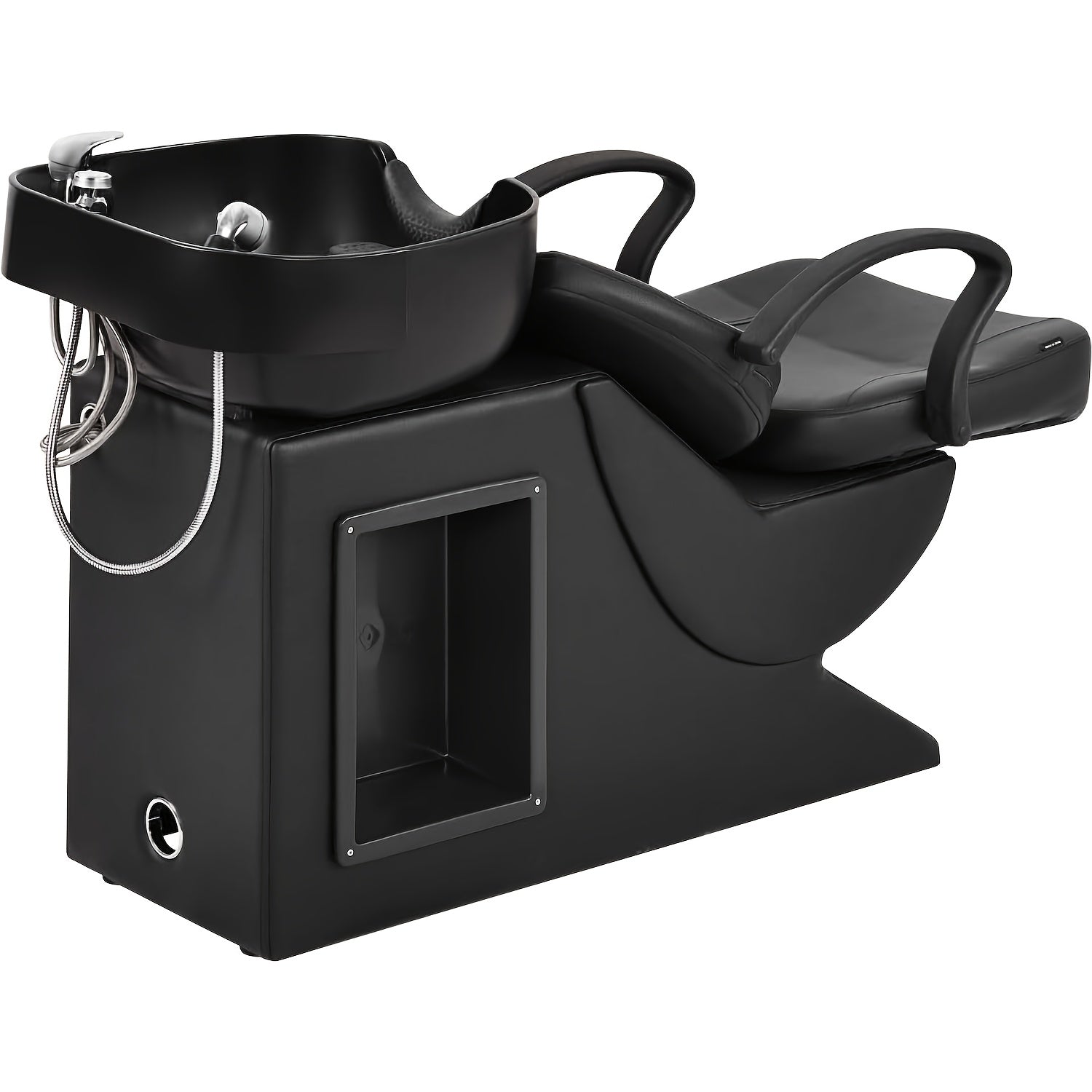Black hair salon backwash unit with sink and shampoo bowl on a white background