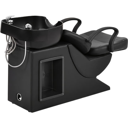 Black hair salon backwash unit with sink and shampoo bowl on a white background
