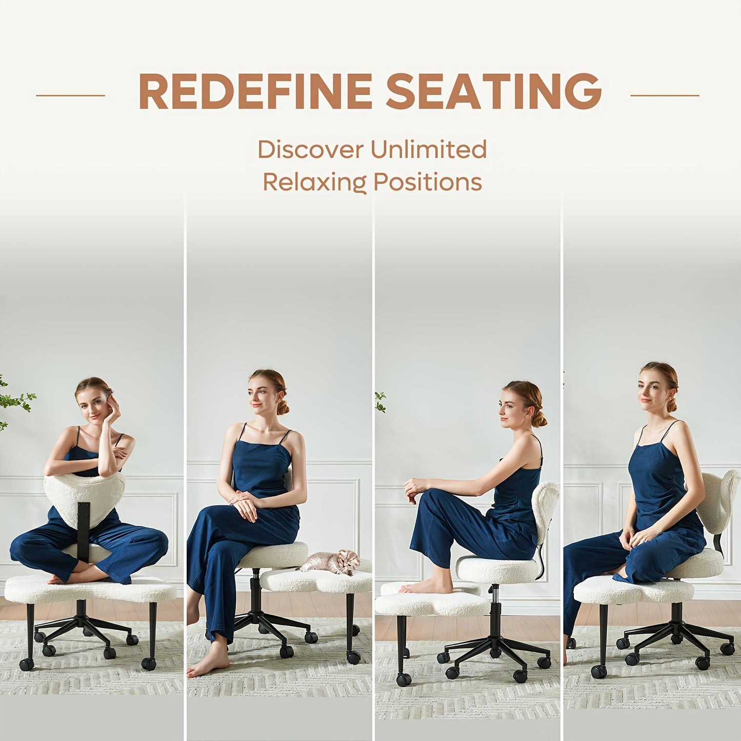 Person sitting in a chair with text 'Redefine Seating' and 'Discover Unlimited Relaxing Positions' on a white background.