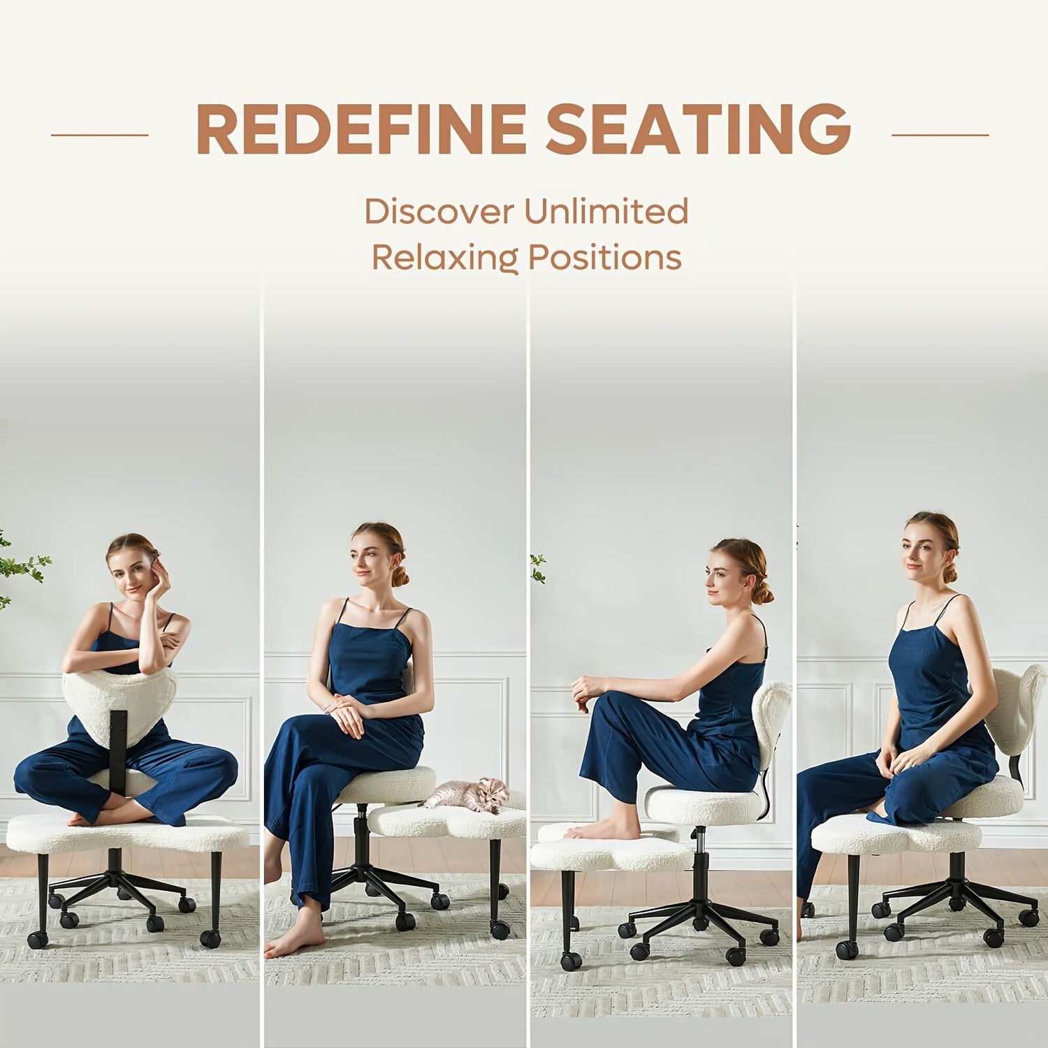 Woman demonstrating different seating positions on a meditation chair with text 'Redefine Seating' and 'Discover Unlimited Relaxing Positions'.