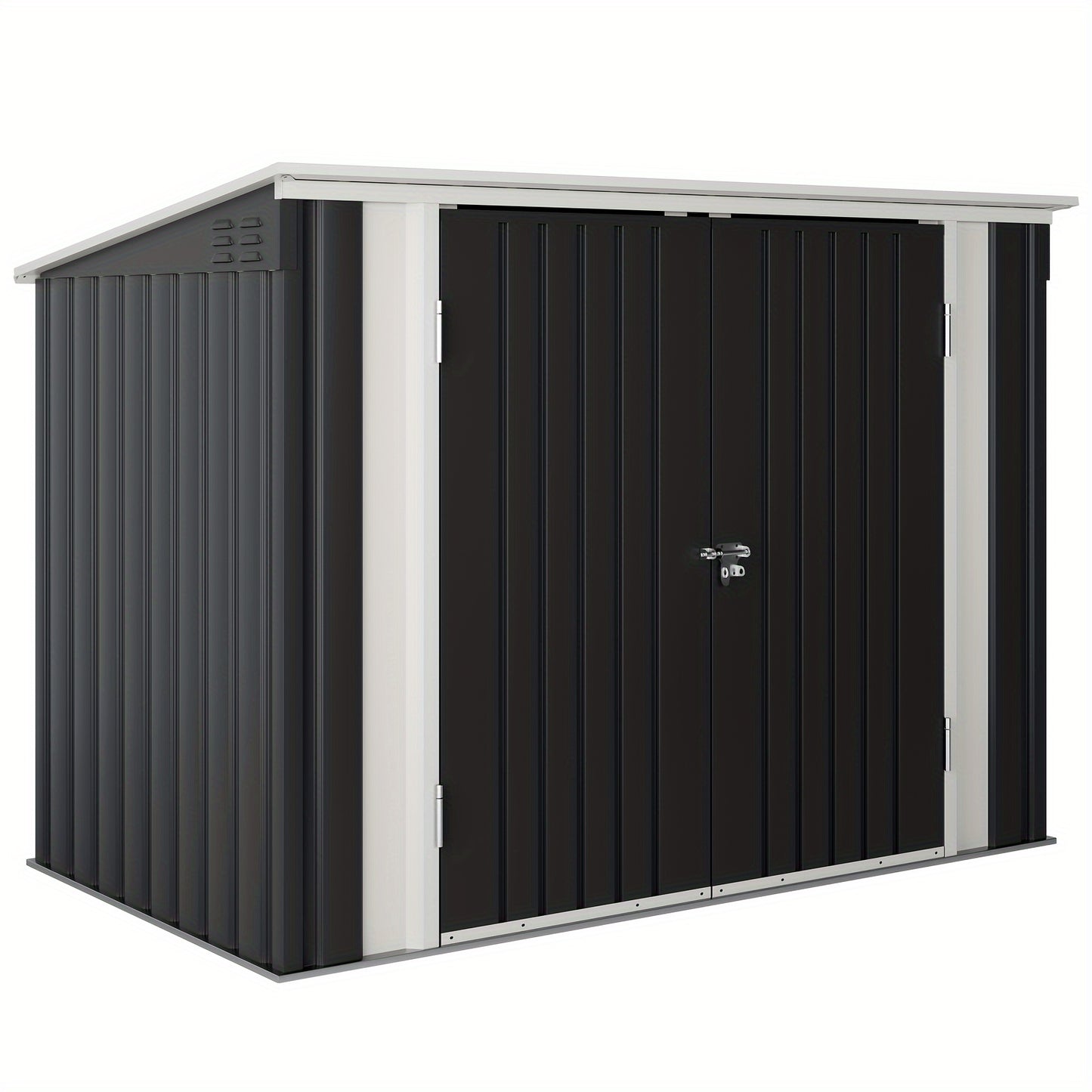 Metal storage shed with black doors on a white background