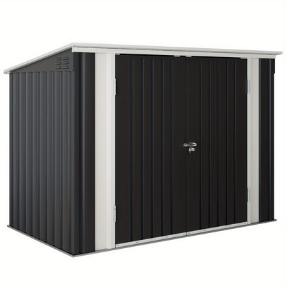 Metal storage shed with black doors on a white background