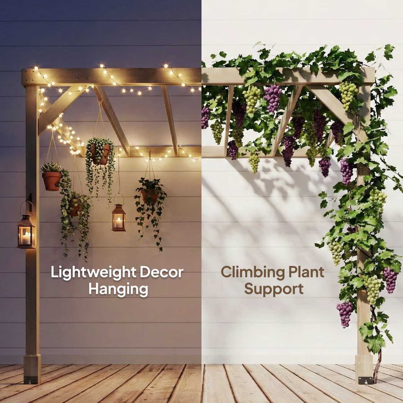 Wooden pergola with decorative lights and plants on a wooden deck.