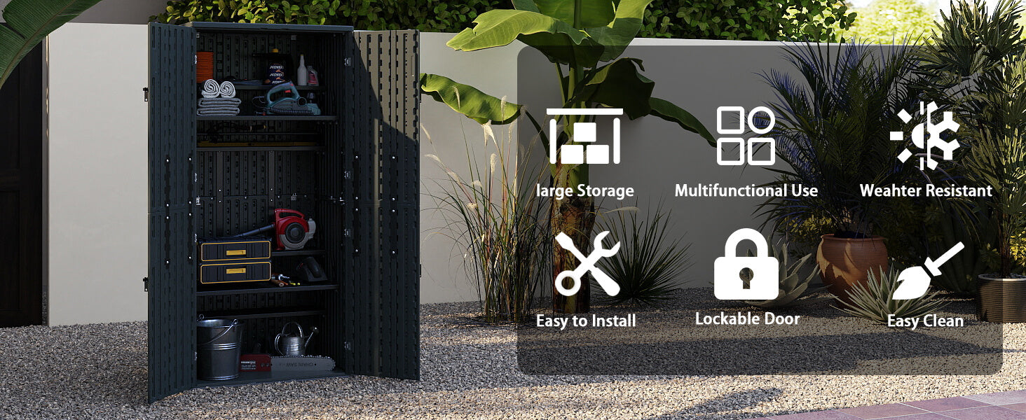 Resin outdoor storage shed with features highlighted on a screen