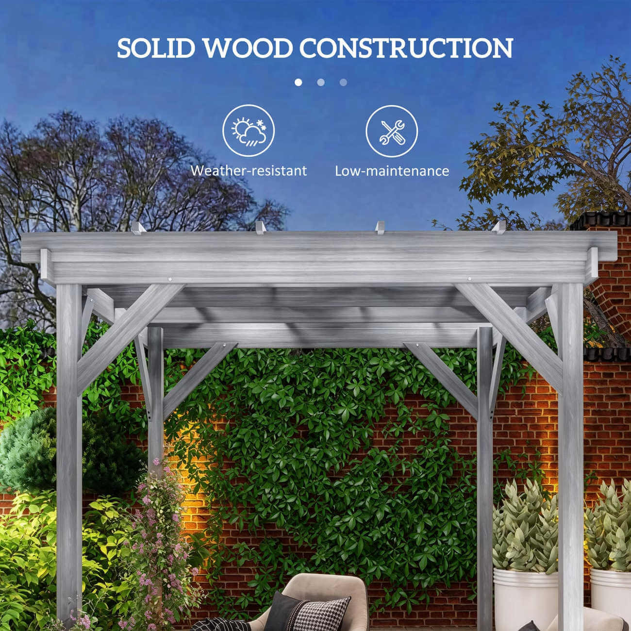 Wooden pergola with solid wood construction features, set against a garden backdrop.