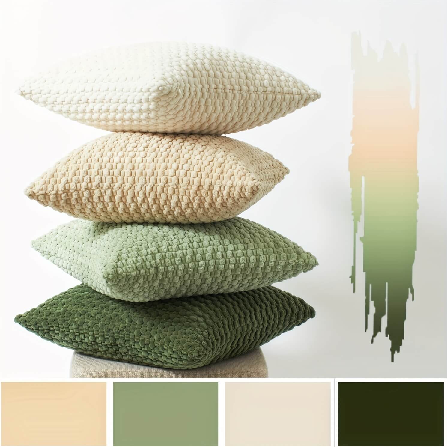 Stack of colorful throw pillows​ in beige, green, and brown with color swatches below.