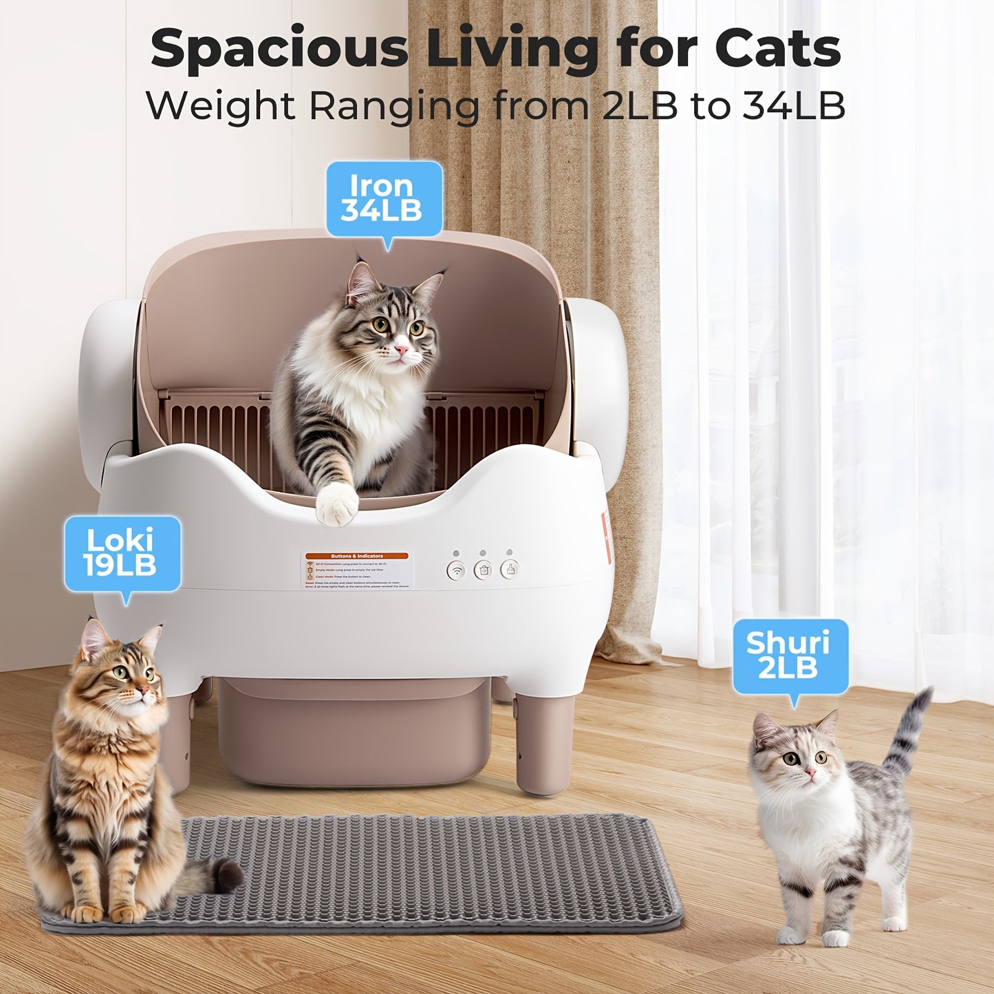 Automatic cat litter box with cats of different weights shown, on a wooden floor.