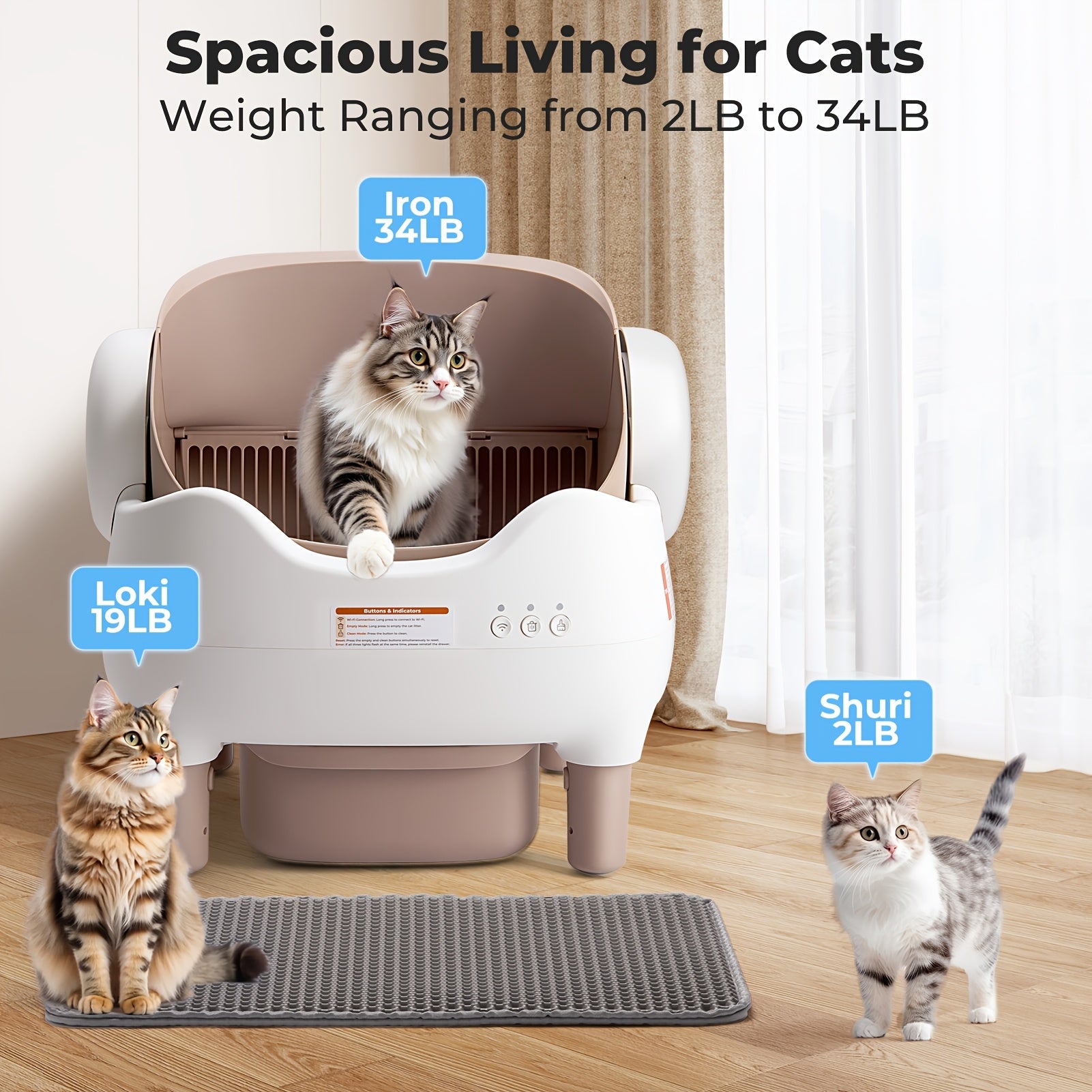 Automatic cat litter box with cats of different weights shown, on a wooden floor.