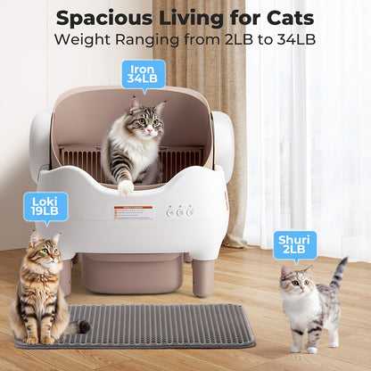 Automatic cat litter box with cats of different weights shown, on a wooden floor.