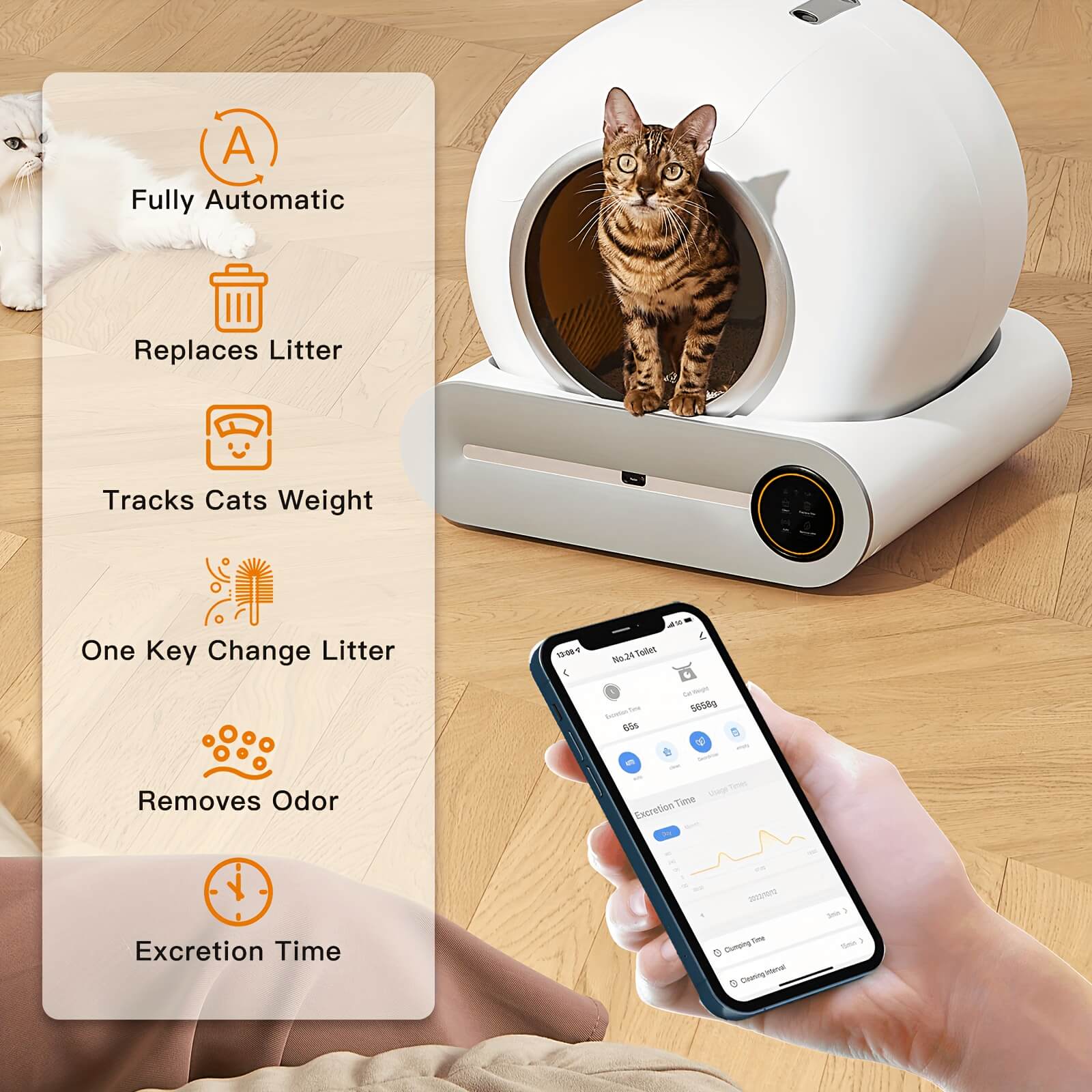 Smart scoop cat litter box with a cat inside, smartphone app on screen, and features listed on the left.
