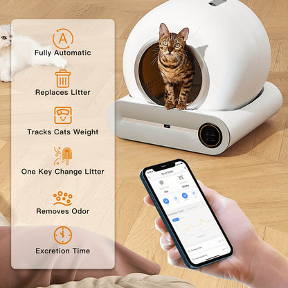 Smart scoop cat litter box with a cat inside, smartphone app on screen, and features listed on the left.