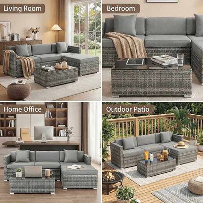 Gray sectional sofa in various settings including a living room, bedroom, home office, and outdoor patio.