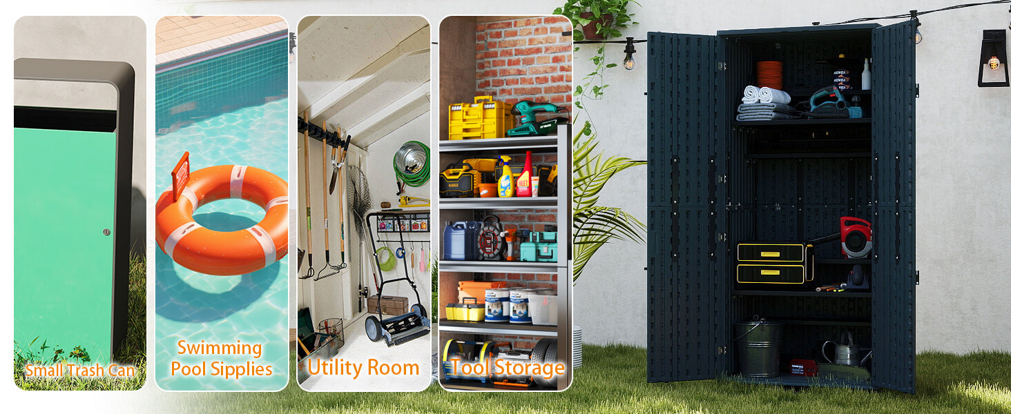 Collage of a storage cabinet with various items, including pool supplies, tools, and sports equipment.