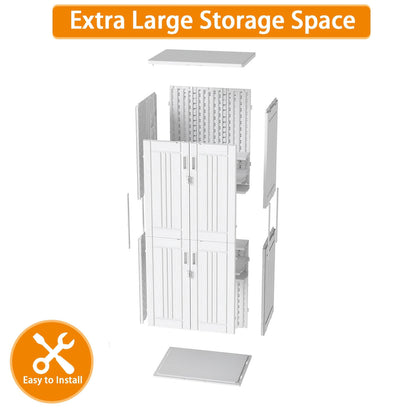 White resin outdoor storage shed on a white background.
