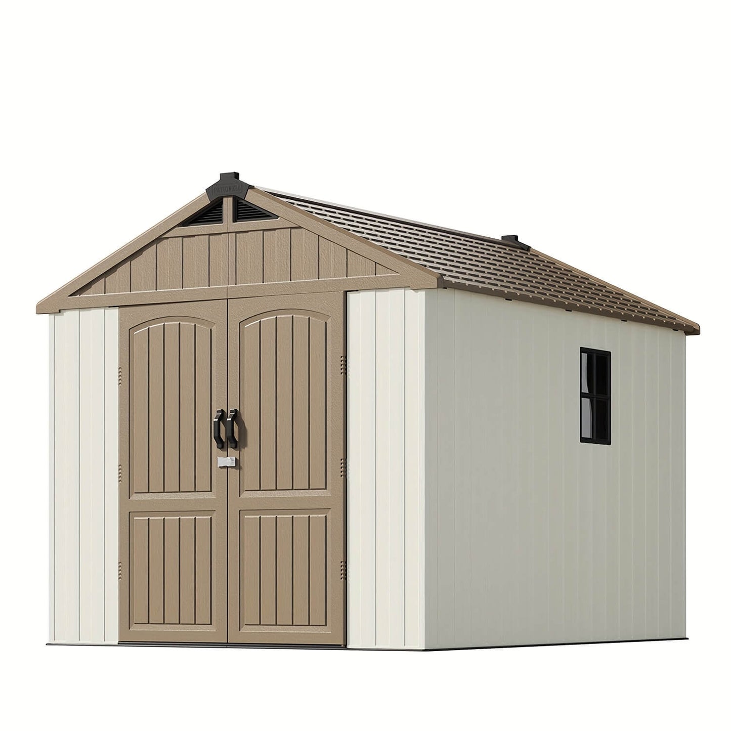 Resin outdoor storage shed with brown doors and beige roof on a white background