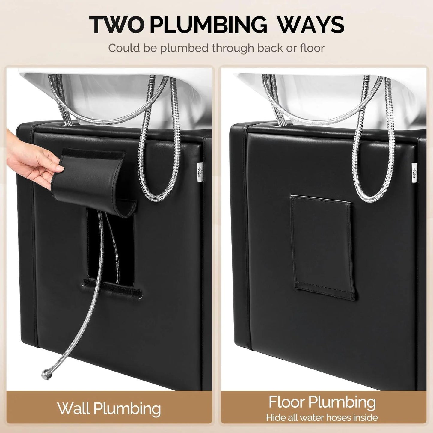 Black Stylish Salon Backwash Unit with plumbing options shown on a beige background
