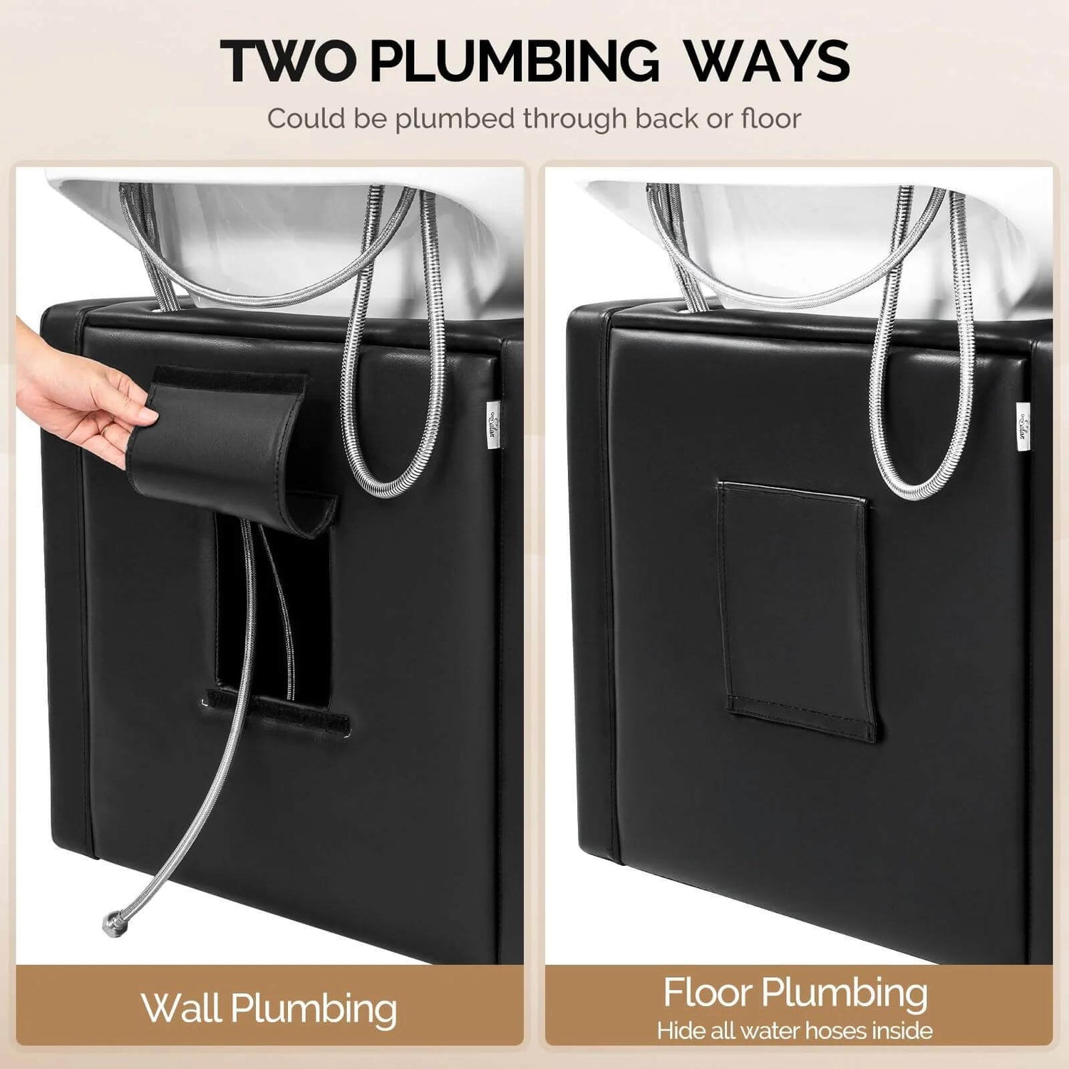 Black Stylish Salon Backwash Unit with plumbing options shown on a beige background