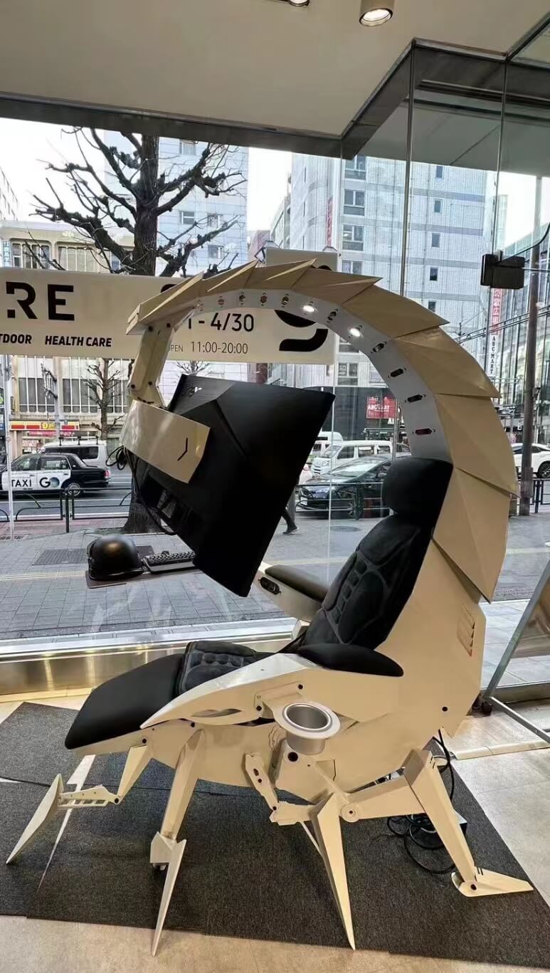 White scorpion gaming chair with a unique design in an urban setting