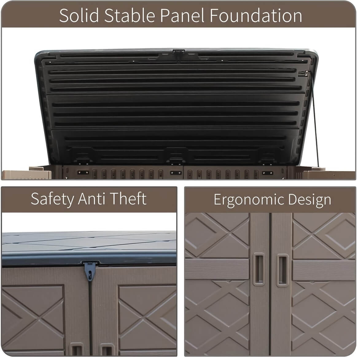 Collage of a solid stable panel foundation with safety, anti-theft, and ergonomic design features.