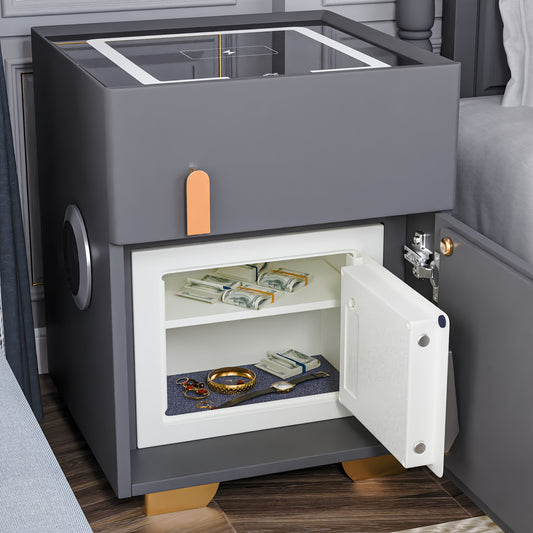 Gray modern nightstand with safe with open door revealing valuables on a wooden floor.