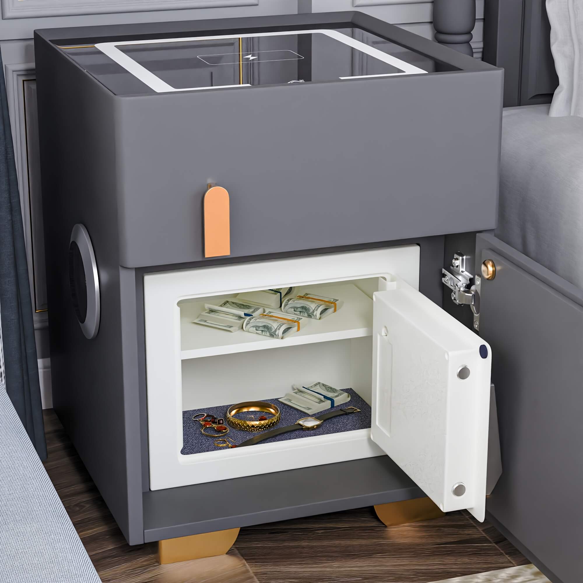 Gray modern nightstand with safe with open door revealing valuables on a wooden floor.